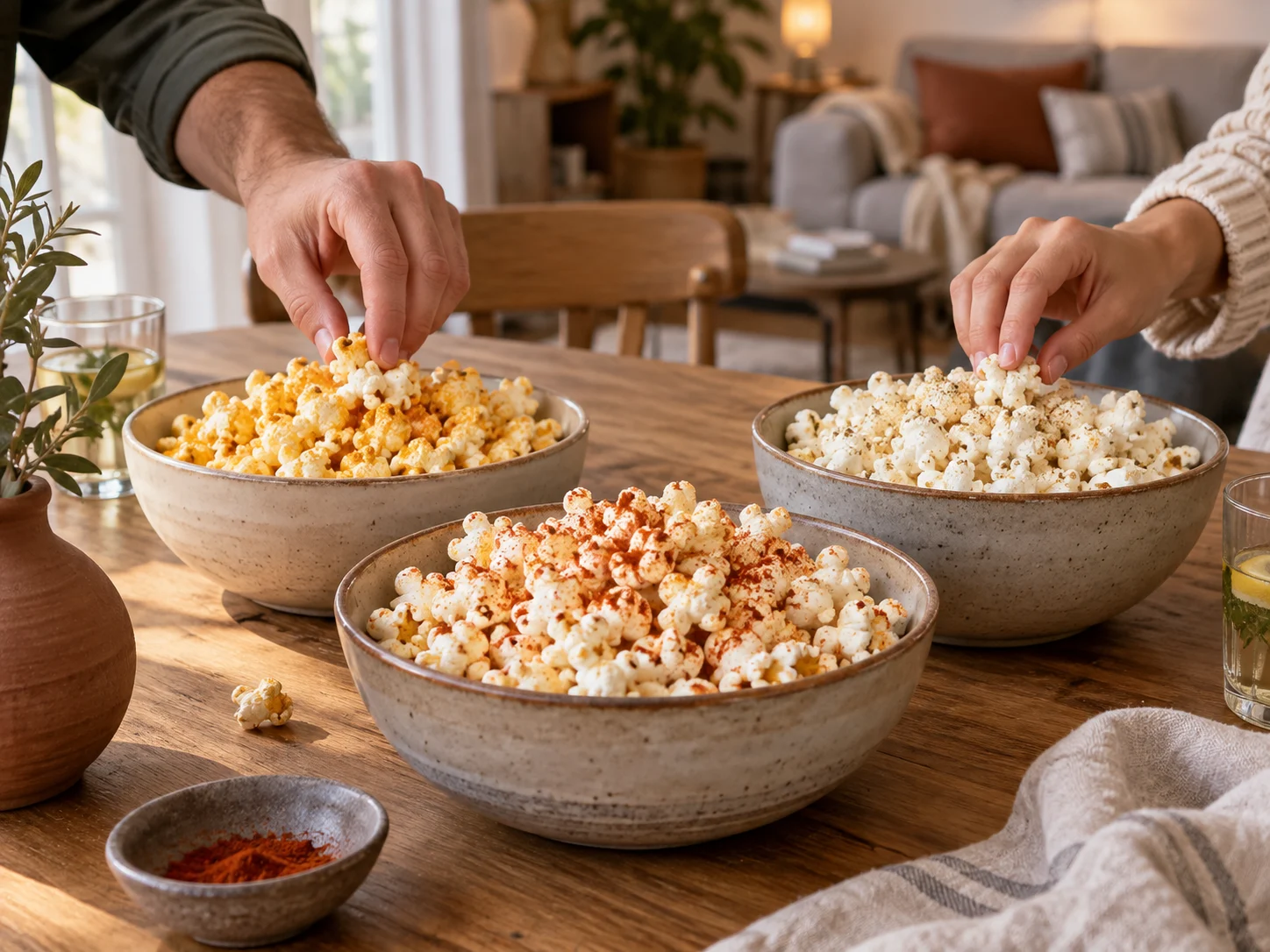 Gemeinsame Snackrunde mit drei Schüsseln unterschiedlich gewürztem Popcorn