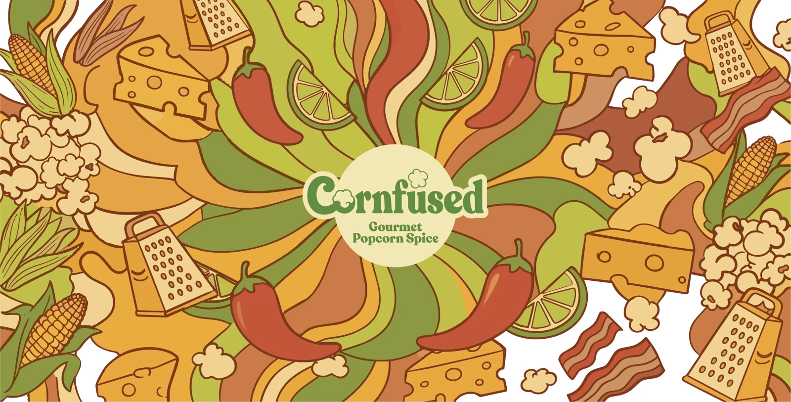 Die bunte Cornfused-Markenwelt mit Mais, Popcorn, Käse, Chili und Limette