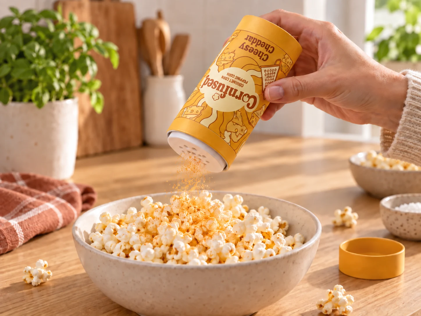 Cheesy Cheddar wird aus einem Cornfused-Shaker über eine Schüssel Popcorn gestreut