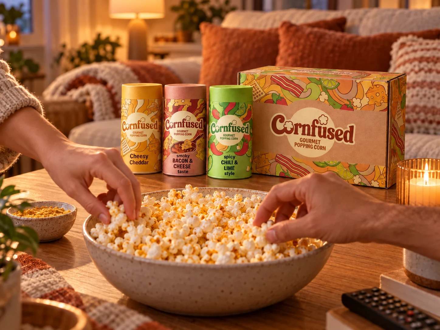 Popcorn und das Cornfused Movie Night Gewürzset auf einem Couchtisch für einen gemeinsamen Filmabend
