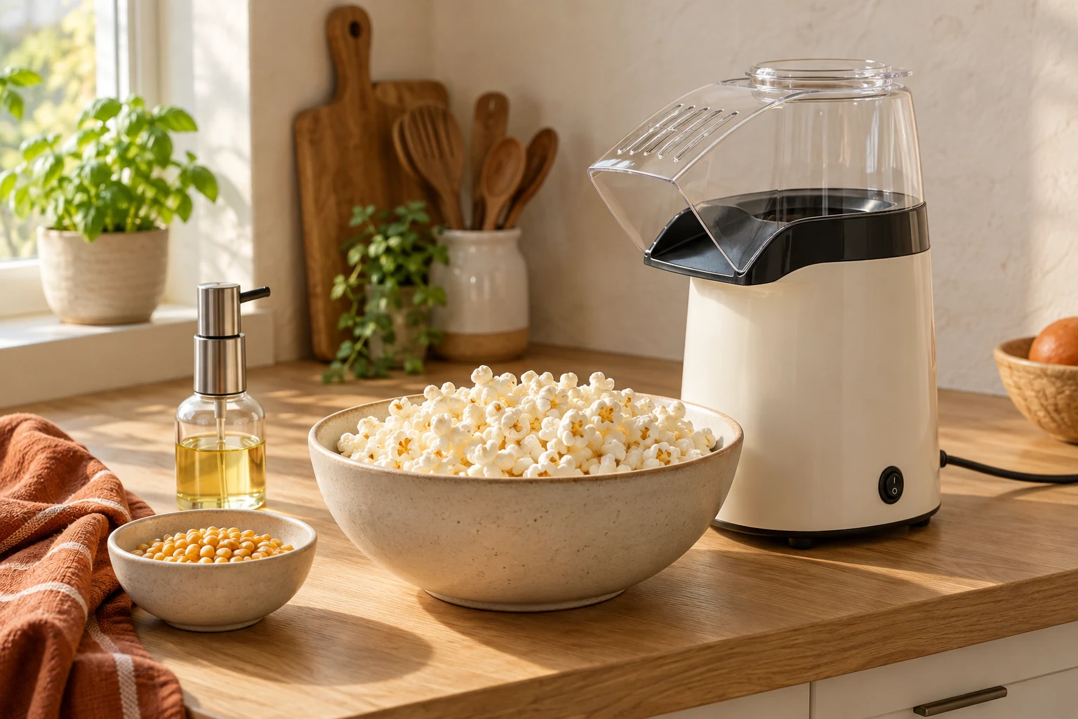 Heißluft-Popcornmaschine mit frisch gepopptem Mais in einer Schüssel