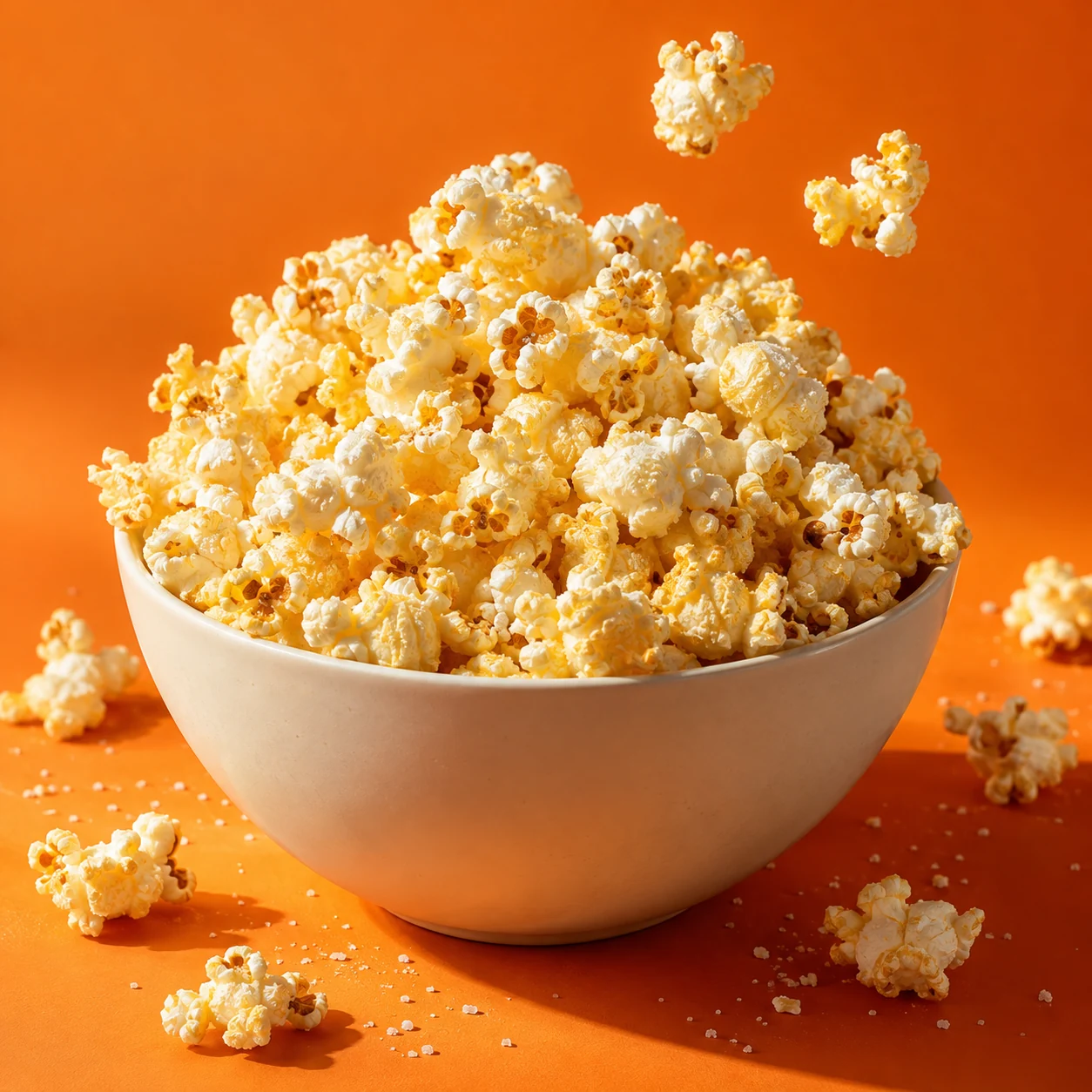 Eine Schale goldgelbes Popcorn auf orangefarbenem Hintergrund – Servieridee
