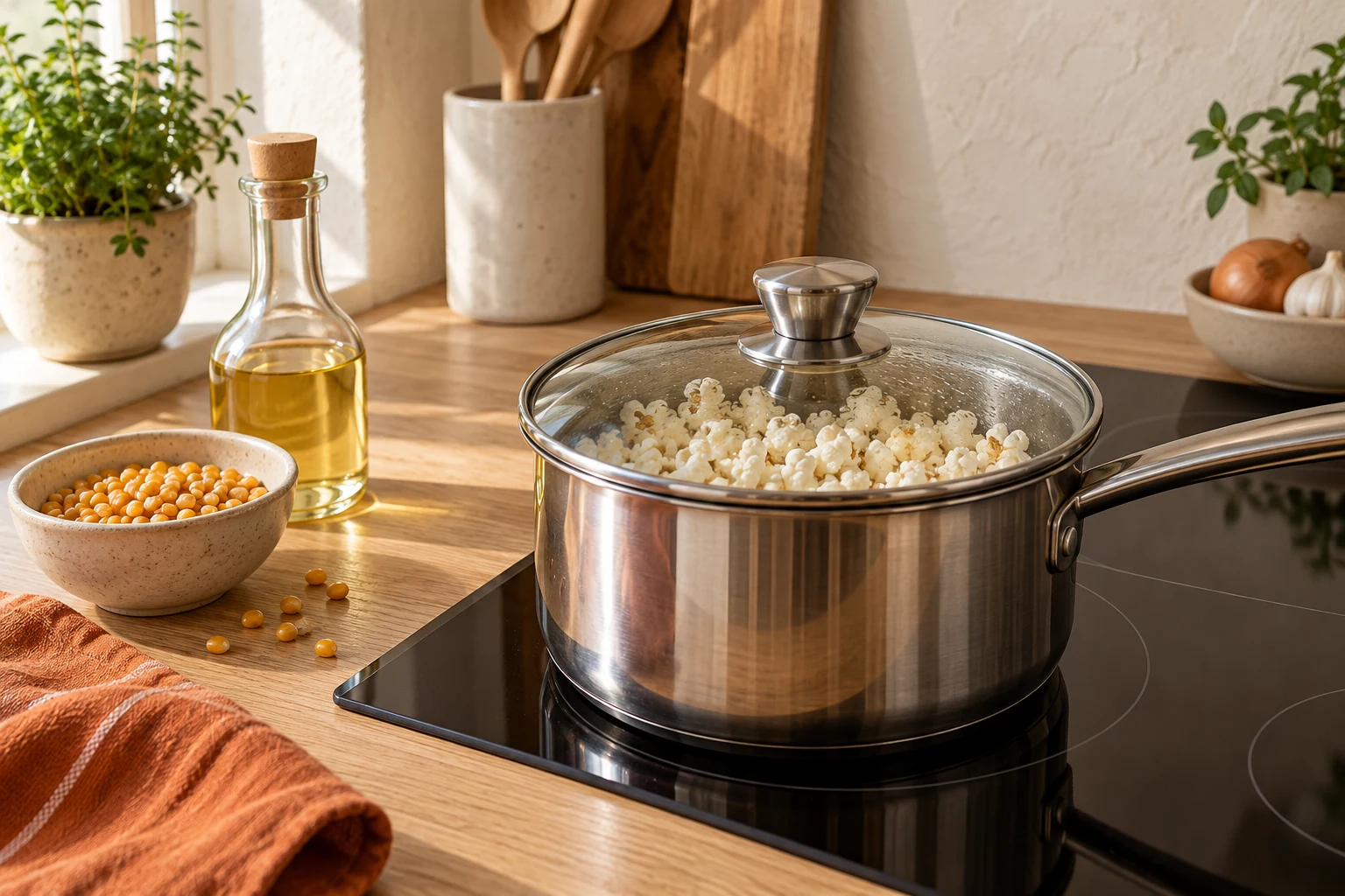 Frisch zubereitetes Popcorn im Topf in einer warmen Küche