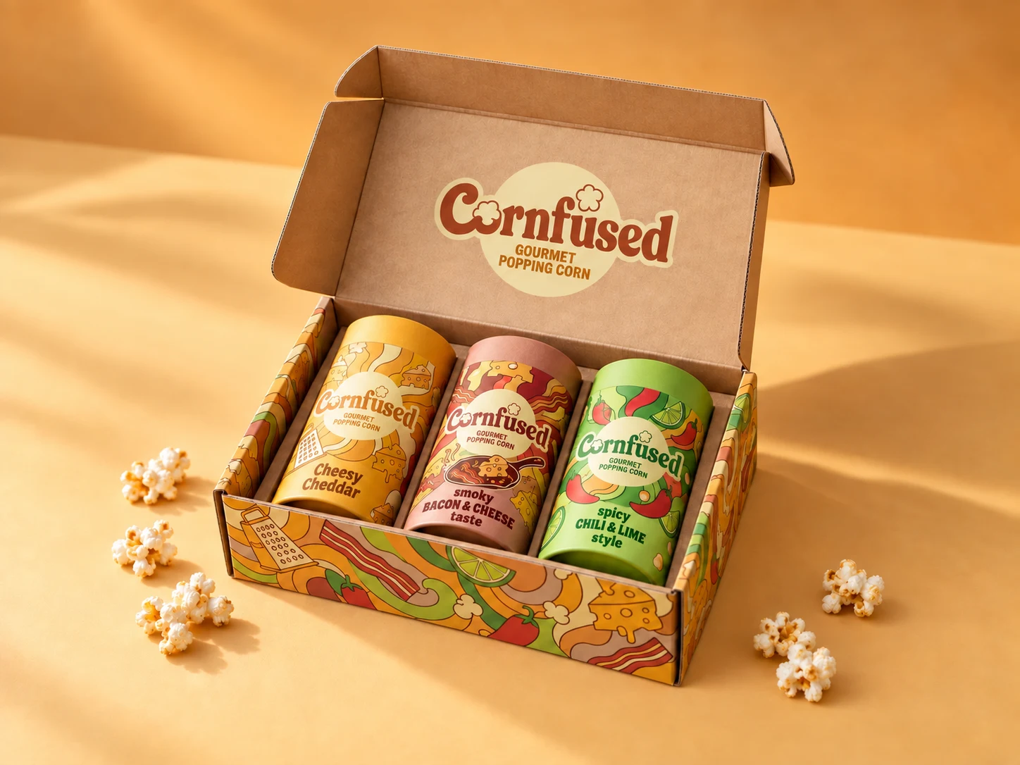 Cornfused Movie Night Gewürzset mit Cheesy Cheddar, smoky BACON & CHEESE taste und spicy CHILI & LIME style